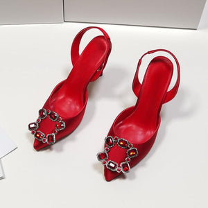 Women wedding rhinestone pointed toe ankle strap stiletto red heels