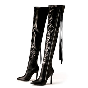 Women side zipper fringed pointed toe stiletto over the knee boots