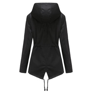 Women hoodie waist laces outdoor trench coat with pockets
