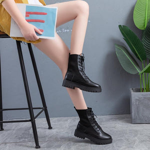 Women knit breathable chunky platform lace up short black boots