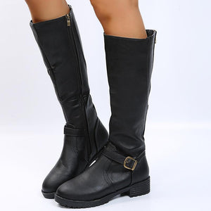 Women chunky heel buckle strap side zipper knee high boots