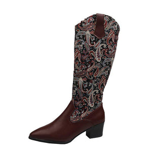 Women pointed toe chunky heel embroidered flower knee high boots