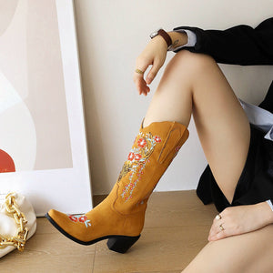 Women mid calf flower embroidered chunky heel cowboy boots