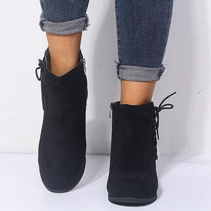 Women side lace up zipper chunky heel ankle boots