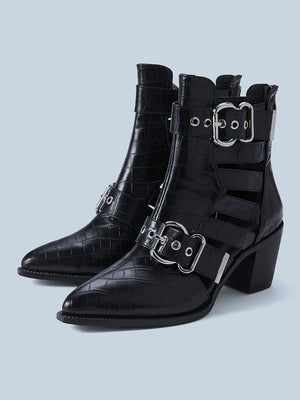 Women ankle boots | Buckle strap pointed toe chunky heel boots | Embossed black boots