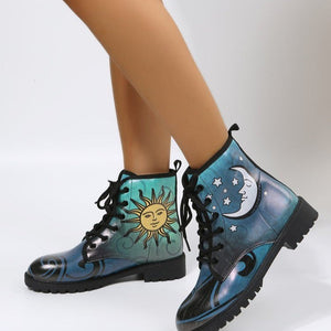 Women couple printed ankle boots short chunky low heel lace up boots high cut