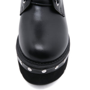 Women motorcycle studded lace up buckle strap black platform boots