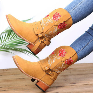 Women flower embroidered buckle strap short medium chunky heel boots