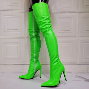Women over the knee neon green stiletto high heel boots