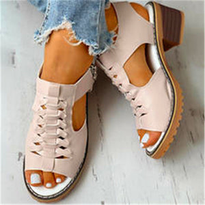 Women hollow slingback side zipper chunky heel sandals