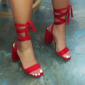 Women peep toe chunky high heel lace up strappy sandals