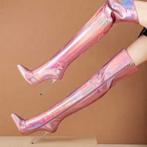 Women prom fashion mirror bling stiletto pointed toe over the knee boots