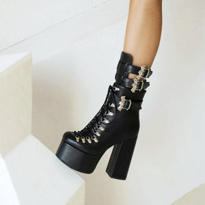 Women buckle strap lace up chunky high heel platform black boots