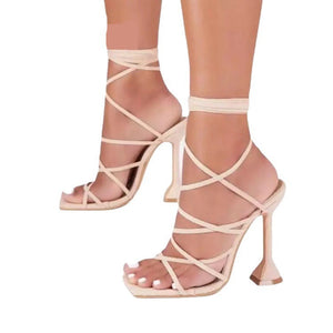 Women square open toe stiletto slingback strappy lace up heels