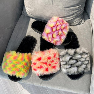 Women's colorful patchwork fuzzy slippers indoor shoes
