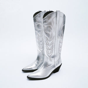 Women silver cowgirl boots | Embroided chunky heel knee high boots | Side zipper chelsea boots