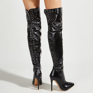 Women over the knee pointed toe stiletto studded black boots