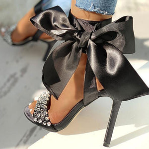 Women  lace up bowknot studded peep toe slingback hollow stiletto black heels