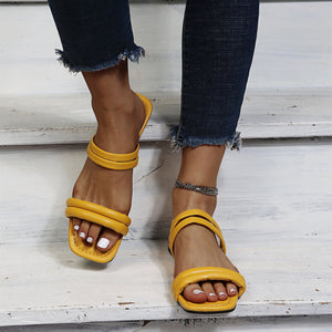 Women summer beach solid color square peep toe slide sandals