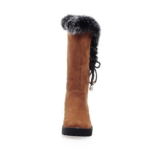 Women winter faux fur pendant chunky platform mid calf snow boots
