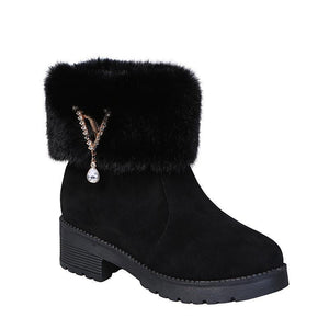 Women chunky heel rhinestone pendant faux fur short snow boots