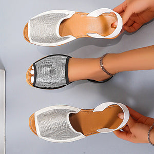 Women rhinestone peep toe slingback slip on flat sandals