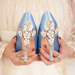 Women silk pointed toe metal flower decor stiletto high heels
