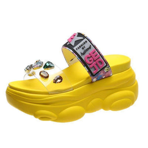 Women clear rhinestone two strap chunky platform slide sandals