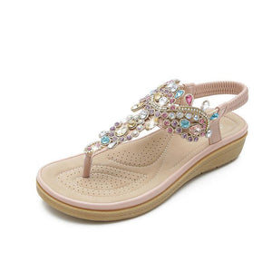 Women bohemian rhinestone ankle strap clip toe flat sandals