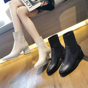 Women knit solid color chunky heel round toe short boots