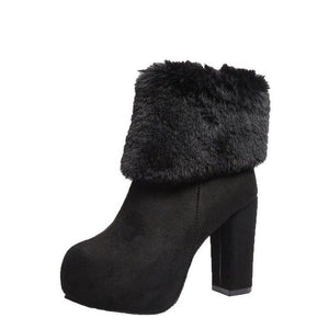 Women winter warm faux fur bowknot chunky high heeled platform booties