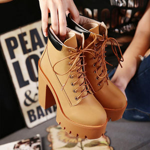 Women prom high chunky platform lace up short heeled boots