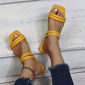 Women summer beach solid color square peep toe slide sandals