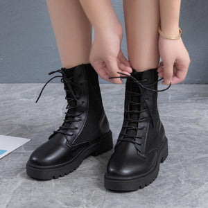 Women knit breathable chunky platform lace up short black boots