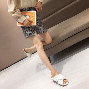 Women peep toe flat criss cross woven strap slide sandals