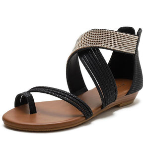 Women criss cross strap back 
zipper flat rhinestone sandals