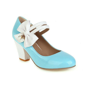 Women bowknot rhinestone strap closed toe slip on chunky heels