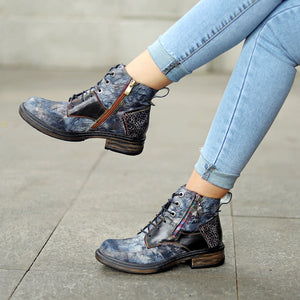 Women flat heel side zipper lace up short motorcycle boots