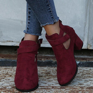 Women criss cross buckle strap hollow chunky heel ankle boots