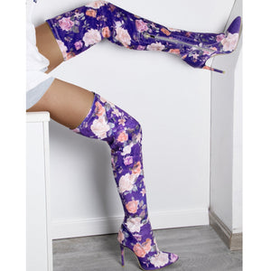 Women thigh high boots ethnic flower printed sitletto high heel long boots