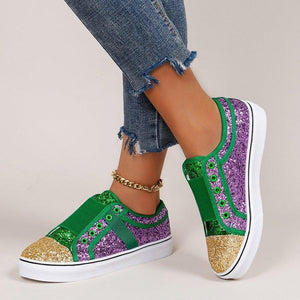 Women color block glitter low cut flat heel slip on sneaker