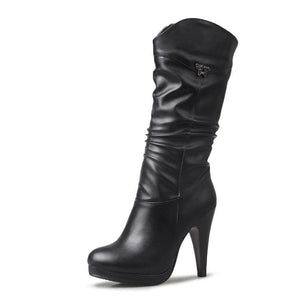 Women fashion platform chunky high heel mid calf boots