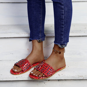 Women studded strap flower printed summer slide sandals