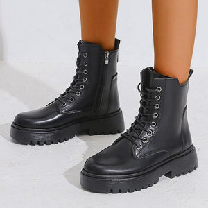 Women chunky platform lace up side zipper short black boots