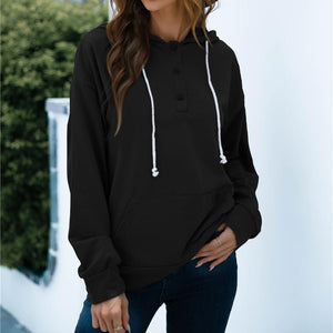 Women solid color button collar hoodie sweatshirt with pocket