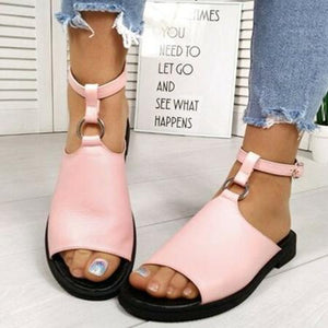 Women peep toe t strap comfortalbe flat slingback buckle ankle strap sandals