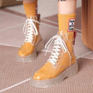 Women sock slip on lace up clear short platform boots