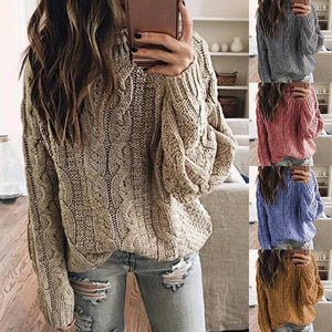 Women long sleeve cable knit pullover crew neck sweater