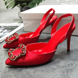 Women wedding rhinestone pointed toe ankle strap stiletto red heels