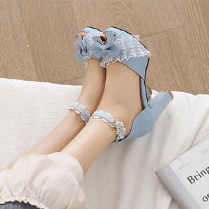 Women cute bowknot peep toe ankle strap chunky heels